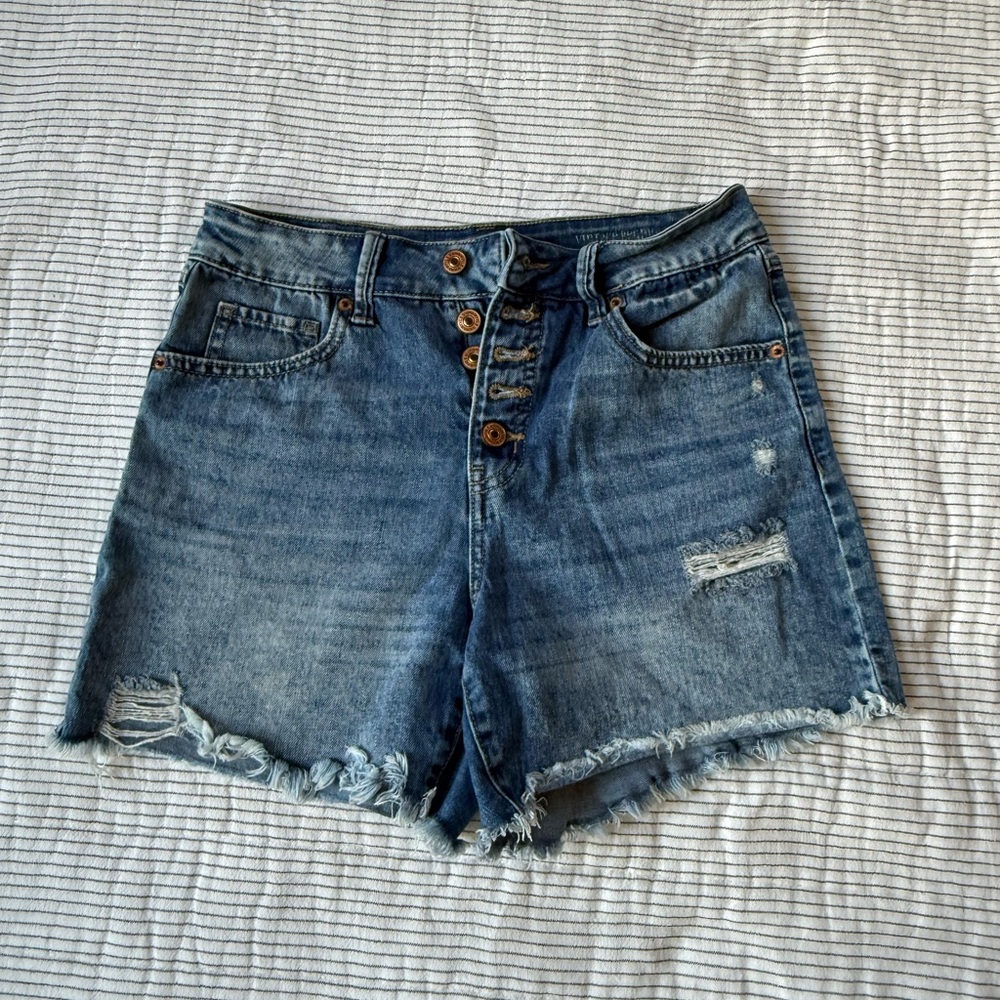 High-Rise Distressed Denim Jean Shorts - Blue